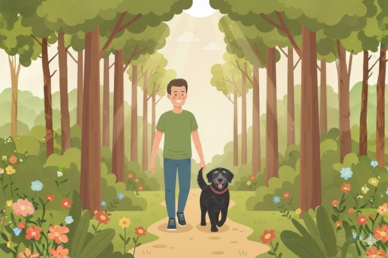 cartoon van hond wandelend in het bos met zijn baasje