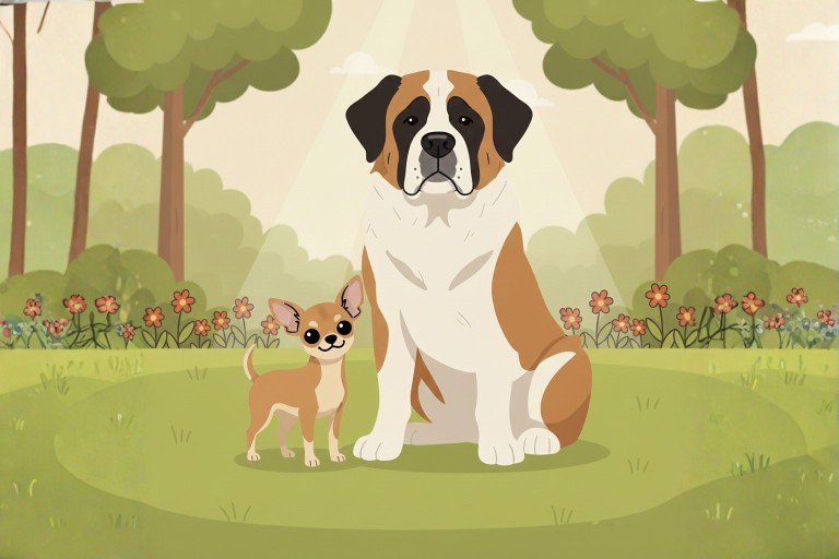 cartoon van een grote en kleine hond in de tuin