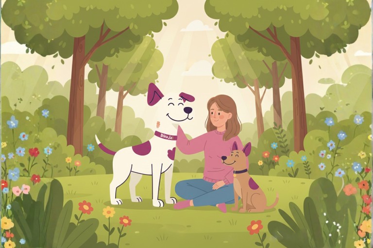 cartoon van hondje bikkja met zijn baasje in de tuin