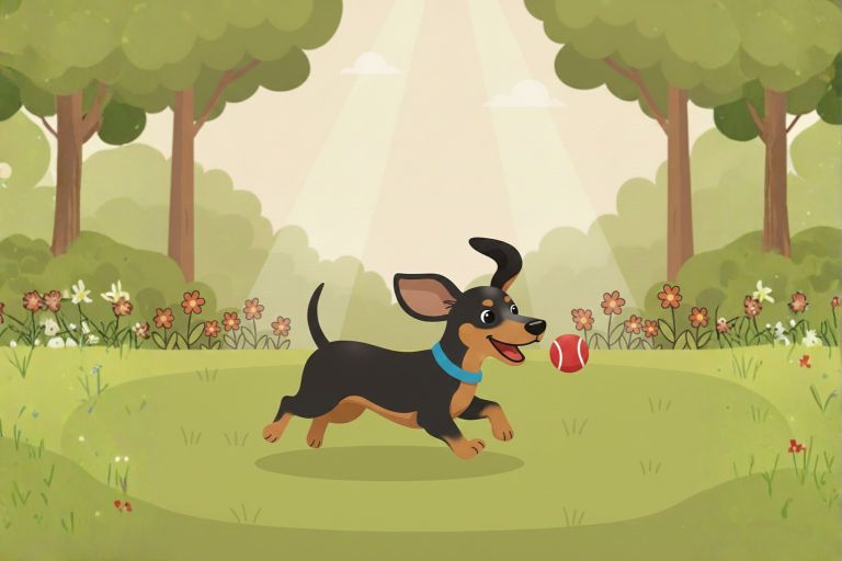 cartoon van teckel spelend met de bal in de tuin