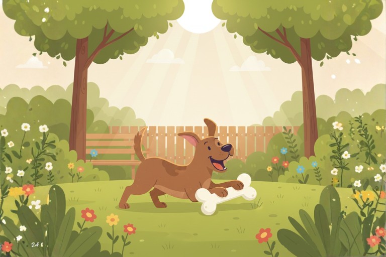 cartoon van blije hond in de tuin met zijn bot