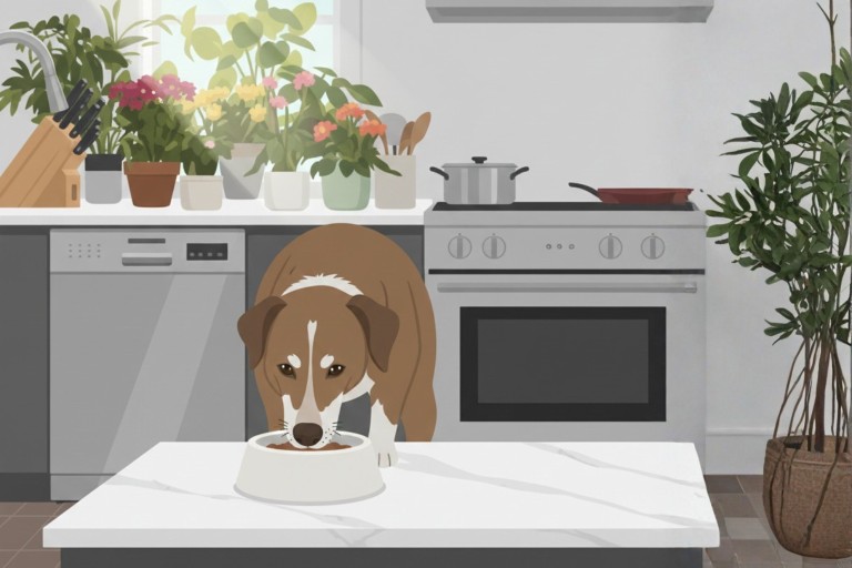 cartoon van hond die uit zijn bak eet in de keuken