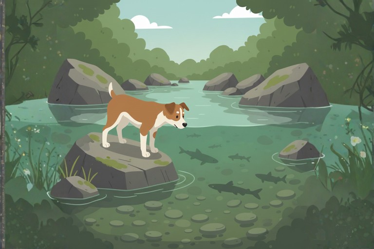 cartoon van hond die naar vissen met omega 3 kijkt