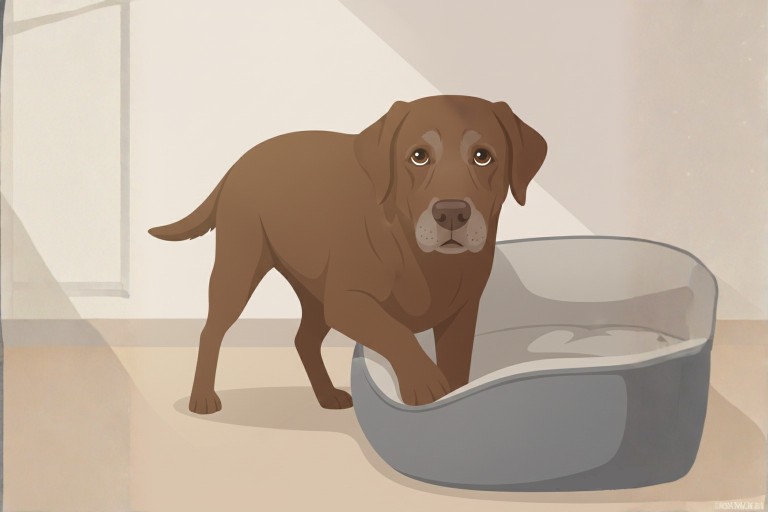 cartoon van hond met pijn die in zijn mand stapt