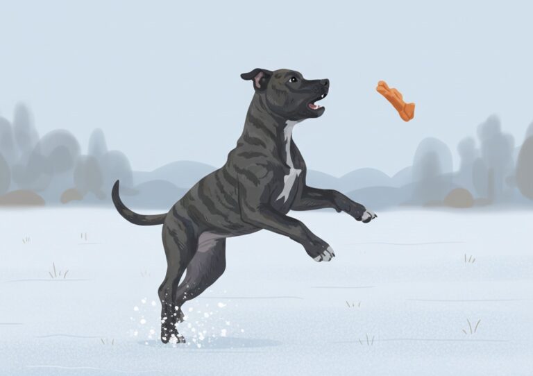 cartoon van hond spelend in de sneeuw