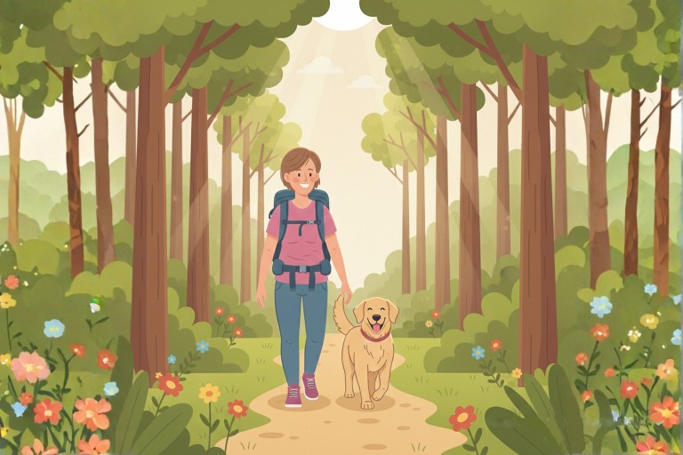 cartoon van hond met baasje wandelend in het bos