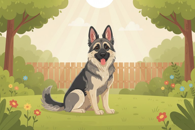 cartoon van een oude herderhond in de tuin