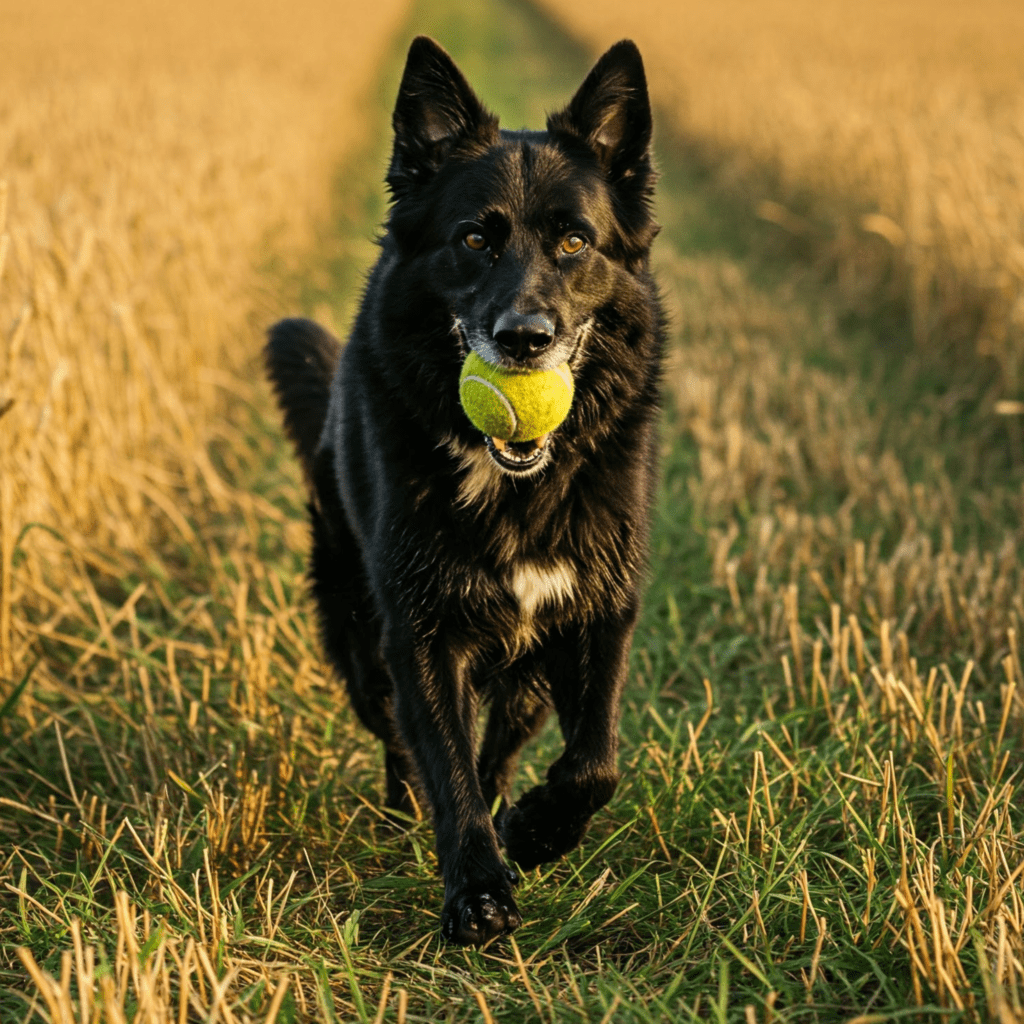 Foto van hond met bal in zijn bek buiten in het veld